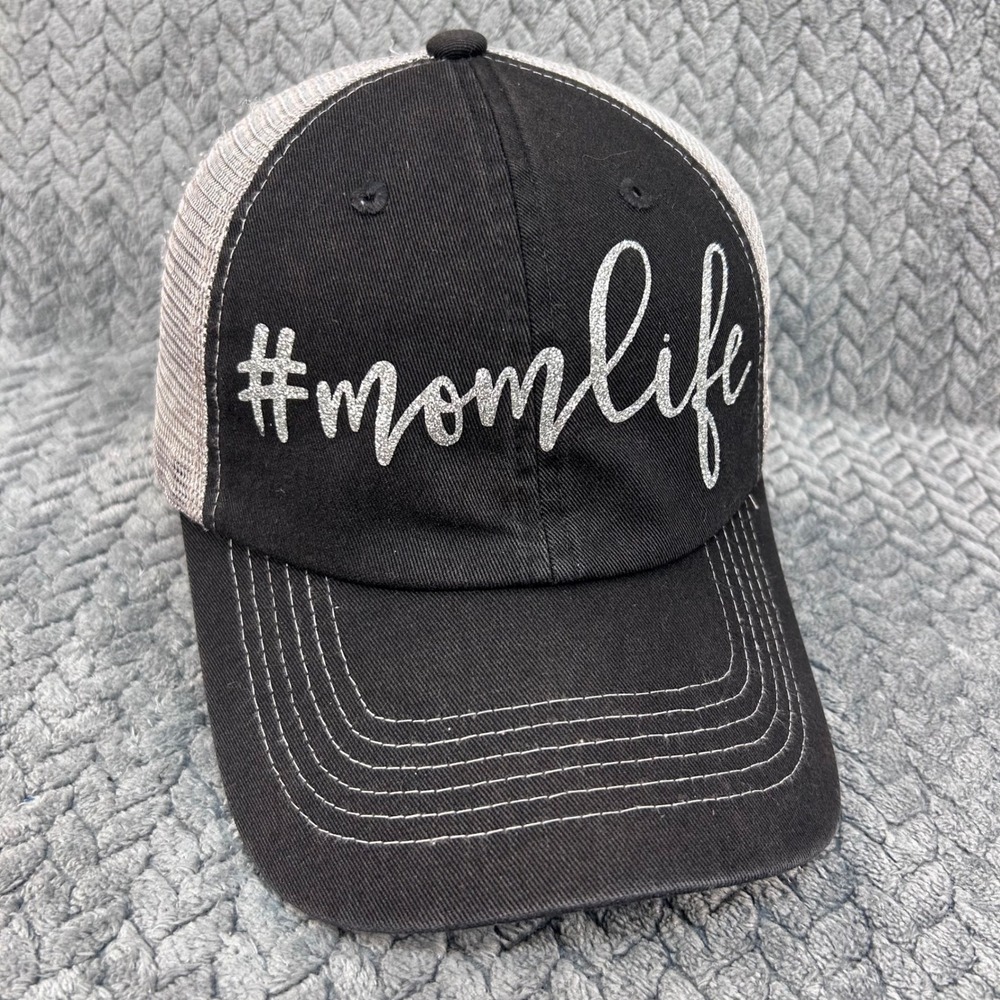 #momlife Womens Blackβ Sportsman Trucker Hat Glitter Script Adjustable OSFA